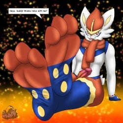 2022 3_toes absurd_res anthro barefoot berk_rider cinderace clothing dialogue english_text feet foot_fetish foot_focus foot_play genitals hi_res looking_at_viewer male nintendo nude open_mouth penis pokémon_(species) pokemon scarf simple_background smile soles solo text thick_thighs toes video_games