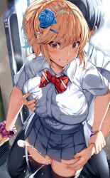 1boy belko blonde blonde_female blonde_hair breast_grab censored cum cum_on_lower_body cumshot female huge_breasts love_live! love_live!_nijigasaki_high_school_idol_club miyashita_ai mosaic_censoring orange_eyes penis side_ponytail thick_thighs thigh thigh_sex