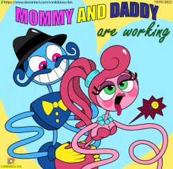 blue_mustache blue_skin conikiblasu-fan daddy_long_legs_(poppy_playtime) green_eyes impregnation mommy_long_legs ovum pink_hair pink_skin poppy_playtime purple_eyes sex smile sperm_cell straight top_hat yellow_bowtie