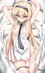 1girls absurdres ahoge angel angel_wings armpits arms_up blonde_hair blue_eyes blush breasts chains exposed_breasts female female_only hairband halo highres long_hair necktie nipples original pussy_juice solo toshizou_(0714) wings