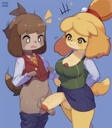 2022 absurd_res animal_crossing anthro balls bottomwear bottomwear_down breasts brother brother_and_sister canid canine canis cleavage clothed clothing digby_(animal_crossing) digital_media_(artwork) domestic_dog duo emanata foreskin futa_is_bigger futanari genitals gynomorph hi_res honeycalamari humanoid_genitalia humanoid_penis intersex isabelle_(animal_crossing) male mammal nintendo open_mouth opposite_sex_twins pants pants_down partially_clothed penis penis_awe penis_size_difference shih_tzu sibling simple_background sister sister_is_bigger straight toy_dog video_games