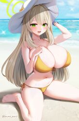 2022 alternate_breast_size alternate_version_available beach bikini blue_archive breasts cleavage female gold_bikini green_eyes halo hat hips huge_breasts kneeling large_hat looking_at_viewer marota_(imyme_maro) massive_breasts nonomi_(blue_archive) nonomi_(swimsuit)_(blue_archive) outdoors slim_waist sun_hat thick_thighs thighs wide_hips