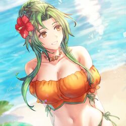 1girls absurdres alternate_costume alternate_version_available anbe_yoshirou arms_behind_back bangs bare_shoulders beach bikini breasts brown_eyes cleavage collarbone commentary_request day elincia_ridell_crimea elincia_ridell_crimea_(summer) female female_only fire_emblem fire_emblem:_path_of_radiance fire_emblem:_radiant_dawn fire_emblem_heroes flower green_hair hair_bun hair_flower hair_ornament highres jewelry large_breasts long_hair looking_away looking_to_the_side medium_breasts navel necklace nintendo ocean off-shoulder_bikini off_shoulder official_alternate_costume orange_bikini orange_swimsuit outdoors parted_lips puffy_short_sleeves puffy_sleeves red_flower shore short_sleeves simple_background smile solo stomach strapless strapless_bikini swimsuit upper_body water