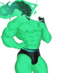 1boy 2021 5_fingers abs absurd_res big_muscles black_clothing black_underwear bone bulge cellphone clothed clothing dry_skeleton fingers ghost glistening glistening_clothing glistening_underwear green_body green_eyes green_nipples green_skin heart highres holding_cellphone holding_object holding_phone humanoid league_of_legends male male_only muscular muscular_humanoid muscular_male navel nipples not_furry phone riot_games simple_background skull skull_head solo spirit standing thresh tight_underwear topless underwear underwear_only video_games white_background