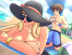 android axasempai beach berkana blonde_hair hat laying_on_stomach long_hair looking_over_eyewear looking_over_glasses looking_over_sunglasses male mega_man mega_man_x mega_man_x_dive robarts_hallway robot robot_girl sunglasses tagme tinted_eyewear topless x_(mega_man)