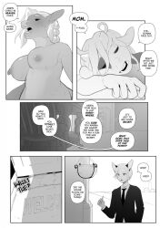 anthro big_breasts bodily_fluids bovid bovine breasts cattle comic corablue daughter duo english_text equid equine female futanari greyscale gynomorph hi_res horn horse incest intersex intersex/female male mammal monochrome mother mother_and_child mother_and_daughter mother_penetrating_daughter parent parent_and_child speech_bubble text