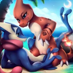 beach blush bodily_fluids charmeleon cowgirl_position cum cum_in_pussy cum_inside duo erection female female_penetrated feral fire flaming_tail from_front_position genital_fluids genitals greninja hi_res long_tongue male male/female male_penetrating male_penetrating_female meraence nintendo nude on_bottom on_top outside penetration penis pokémon_(species) pokemon pokemon_(species) pussy seaside sex tongue vaginal_penetration video_games