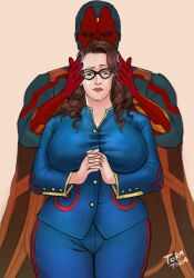 1boy 1girls android bbw breasts brown_hair closed_eyes darcy_lewis female glasses green_eyes hands_on_head hands_together huge_breasts large_breasts lips lipstick long_hair male marvel marvel_cinematic_universe mole thick thick_lips thick_thighs thighs tora_tora unseen_male_face vision wandavision