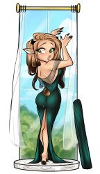 1girls animal_ears animal_tail anthro arms_up ass ass_in_dress back back_view bare_shoulders black_heels braless breasts brown_hair crossed_legs curtains day dress dress_slit female female_focus form_fitting giselle_(ohthesunnyside) green_dress hooves horns hourglass_figure long_hair long_legs looking_back no_bra ohthesunnyside pedestal pins plump_lips solo solo_female surprised thighs transparent_background window