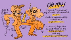 ! anthro bench canine clothed clothed_female clothed_male cock comic comic_panel disembodied_penis dog_ears dog_girl exposed_penis fluffy_ears jazzbatter joke oc ohthesunnyside penis purple_background signature sunny_puppy surprised text