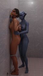 3d asari ashley_williams ball_gag big_ass bioware bondage brown_hair collar dark-skinned_female dominant_female female_only gag gagged liara_t'soni mass_effect medium_breasts multiple_girls nipples nude potatofire777 questionable_consent rope rope_bondage sideboob standing struggling tied_up yuri