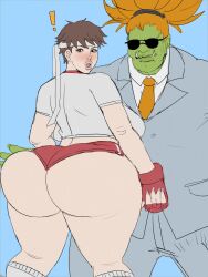 1boy 1girls ass_focus big_ass big_butt bimbo blanka brown_hair busty curvy female green_skin headband huge_ass imminent_sex sakura_kasugano street_fighter suit tagme thick_lips thick_thighs venus_body voluptuous wide_hips ysr3215