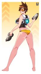 ass barefoot female female_only gun guns kyoffie legs looking_back overwatch panties pistols short_hair solo standing tracer weapons