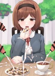 1girls bar_censor censored cum cum_in_container cum_in_cup cum_on_food cumdrip cumshot eating eating_cum ejaculation female gunslinger_girl henrietta_(gunslinger_girl) kinakosuki outdoors penis short_hair