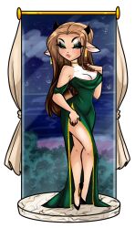 1girls animal_ears anthro bare_shoulders black_heels braless breasts brown_hair choker cleavage crossed_legs curtains dress dress_slit eyeshadow female female_focus form_fitting giselle_(ohthesunnyside) green_dress hand_on_breast hand_on_thigh heels high_heels horns hourglass_figure long_hair long_legs night no_bra ohthesunnyside pedestal plump_lips solo solo_female thighs transparent_background window