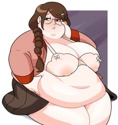 bbw belly blush braided_ponytail breasts brown_hair fat glasses hand_on_belly hand_on_head hanekawa_tsubasa monogatari_(series) nipples obese overweight overweight_female school_uniform superspoe thick_thighs