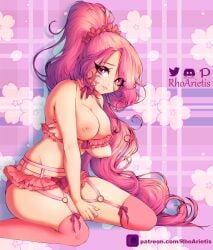 1girls absurdres arm_under_breasts bow bow_legwear breasts breasts_outside celena_the_shy choker crescent discord_(app) facial_mark female frilled_choker frills garter_straps garterbelt highres long_hair looking_at_viewer microskirt nipples o-ring patreon_username pink_eyes pink_hair pink_legwear ponytail rhoarietis ribbon skirt smile solo star_vs_the_forces_of_evil thighhighs very_long_hair wariza