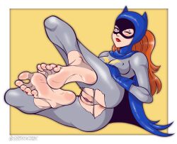 1girls anus barbara_gordon barefoot batgirl batman_(series) blue_eyes blush dc dc_comics dcau erect_nipples feet female female_only foot_fetish foot_focus human nail_polish one_eye_closed painted_toenails pussy red_hair ripped_clothing soles solo superheroine szeroart thick_thighs toes wink