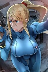 1girls alternate_breast_size armpits blonde_hair blue_bodysuit blue_eyes bodysuit breasts butcha-u closed_mouth eroquis female female_focus female_only firearm hair_between_eyes handgun human indoors large_breasts legs lips long_hair looking_back metroid mole mole_under_mouth neck nintendo pale-skinned_female pale_skin ponytail samus_aran serious skin_tight solo solo_female thigh_gap thighs tomboy trigger_discipline weapon zero_suit zero_suit_samus