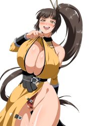 1girls belt bracelet breasts brown_hair bursting_breasts china_dress chinese_clothes cleavage_overflow covered_breasts covered_nipples covered_pussy female female_only huge_breasts large_breasts last_origin legs long_hair looking_at_viewer open_mouth oppai orange_eyes overflowing_breasts panties ponytail red_panties ryohei_29 shiny shiny_hair shiny_skin smug smug_face smug_smile solo solo_female solo_focus sweat sweatdrop sweating tease teasing teeth thick_thighs thighs tiequan_(last_origin) tits tongue very_long_hair