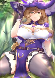 1girls 2022 absurd_res artist_logo artist_signature blush breasts brown_hair cleavage clothed clothed_female female female_only forest genshin_impact green_eyes hat hi_res hips huge_breasts kaos_art kneeling large_hat lisa_(genshin_impact) long_hair looking_at_viewer outdoors patreon_username slim_waist smile thick_thighs thighhighs thighs wide_hips witch_hat