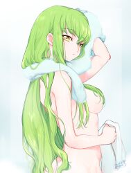 1girls after_shower big_ass big_breasts c.c. code_geass drying drying_hair female green_hair long_hair noppo solo tagme wet yellow_eyes