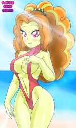 1girls 2016 adagio_dazzle beach bedroom_eyes big_breasts blush breasts cleavage crepuscular_rays equestria_girls female female_only friendship_is_magic hasbro large_breasts looking_at_viewer my_little_pony navel one-piece_swimsuit solo solo_female spiked_hairband swagalicious-tony swimsuit