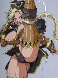 1girls armor attack big_breasts black_panties blonde_hair bracelet breasts cap fingerless_gloves gloves grey_background hat kick large_breasts long_hair looking_at_viewer martina_(sen_no_kaizouku) muscular_legs muscular_thighs open_mouth oppai orange_eyes panties pirate pirate_hat rough_sketch ryohei_29 sen_no_kaizouku simple_background solo solo_female solo_focus tagme teeth thick_thighs thighhighs thighs tits tongue turbo_(artist) very_long_hair yellow_hair