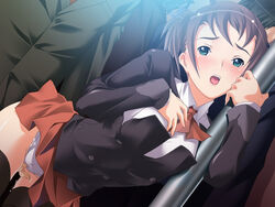 black_socks brown_hair chikan chou_man'in~joshi_seito_shanai_choukyou choumanin_joshi_seidosha_nai_choukyou fingering from_behind game_cg green_eyes hina_soft kasuga_minori molestation open_mouth panties school_uniform socks suzuki_mei thigh_socks thighhighs underwear