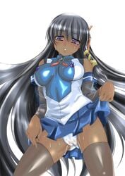 black_hair breasts dark_skin long_hair os-tan panties pussy skirt_lift thighhighs underwear xp-tan