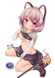 1girls animal_ear basket blush breasts bukkake capelet cheese compass cum female highres jewelry mouse mouse_ears mouse_tail navel nazrin nipples no_bra pendant rokushou_kokuu shirt_lift simple_background sitting skirt solo tail touhou wariza