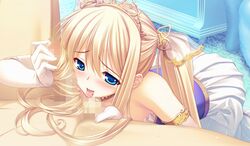 blonde_hair blue_eyes blush bridal_gauntlets caressing_testicles censored elbow_gloves game_cg hairjob himukai_kyousuke licking lieselotte_schreiber long_hair owari_naki_natsu_towa_naru_shirabe princess testicles tongue