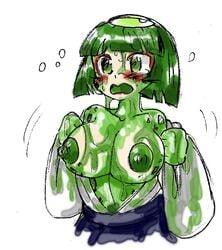 blush breast_expansion breasts clothing green kappa large_breasts metamorgirl miko sequential slime source_request transformation