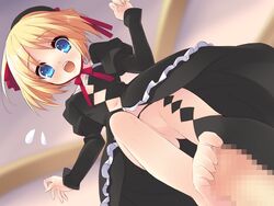 alice_parade barefoot blonde_hair blue_eyes blush censored_penis clothing female female_focus foot_on_penis funny_odoodo no_panties pixelated_penis tagme