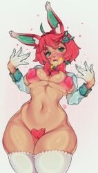 1girls bikini_top blush bonnie_(rizdraws) breast_squish bunny_ears bunny_girl condom condom_in_mouth female female_only gloves green_eyes heart_pasties legs_together legwear looking_at_viewer maebari medium_hair mole mole_under_eye nenkoket nipple_bulge pasties pink_hair pussy_pasty smiling smiling_at_viewer solo thick_thighs very_high_resolution white_legwear wide_hips