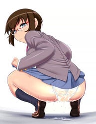 ass blush glasses grey_eyes konmori_(kinbou_sokai) lingerie ore_no_imouto_ga_konna_ni_kawaii_wake_ga_nai panties plump pussy pussy_juice see-through short_hair squat squatting tamura_manami tear uncensored underwear wet wet_panties