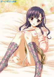 argyle_kneehighs argyle_legwear black_hair breasts brown_eyes feet female footwear head_tilt highres long_hair nipples ohizumi_daisaku original panties panties_aside pussy pussy_juice shirt_lift socks solo uncensored underwear