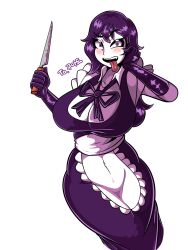 bbumbbum bloody_knife blush gloves knife maid maid_uniform pale-skinned_female pale_skin purple_eyes purple_hair tongue_out