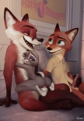 amadose anthro ass balls bottomless canid canine clothed clothing cuckold disney embrace facial_piercing female fox genitals group group_sex hi_res hug judy_hopps lagomorph leporid male male/female mammal masturbation nick_wilde nose_piercing nose_ring nude owen_(amadose) penile penile_masturbation penis piercing qupostuv35 rabbit sex threesome trio zootopia