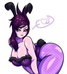 bare_shoulders bbumbbum bending_over big_breasts big_butt bunny_ears bunny_outfit fishnets heart league_of_legends makeup morgana pink_eyes pink_skin purple_hair riot_games runny_makeup suggestive thick_thighs