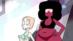 2girls accurate_art_style afro artist_request black_hair black_top black_topwear cartoon_network chubby chubby_female cleavage crystal_gem dark_hair edit edited female female_only garnet_(steven_universe) gem gem_(species) gem_fusion glasses hand_on_hip light-skinned_female light_skin lips long_nose magenta_skin mouth_open pale-skinned_female pale_skin pearl_(gem) pearl_(steven_universe) red_bottom red_bottomwear screenshot_edit shades skinny skinny_female skinny_girl smile smiling sports_bra steven_universe strawberry_blonde_hair teal_eyes teal_topwear teeth teeth_showing tongue white_body white_skin