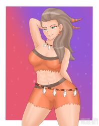 1girls abs aqua_eyes big_breasts brown_hair female miguel-arts milf muscular_female nintendo pokemon pokemon_professor pokemon_sv professor_sada_(pokemon) seductive_eyes solo tanned_skin