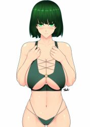 1girls bare_shoulders belly belly_button big_breasts blush bob_cut bra breast breast_squeeze cleavage clothed clothing curvy curvy_female curvy_figure eye_contact female female_focus female_only front_view fubuki_(one-punch_man) green_eyes green_hair hips light-skinned_female light_skin lingerie looking_at_viewer medium_hair midriff navel one-punch_man panties plump short_hair smile smiling smiling_at_viewer solo solo_female solo_focus string_panties thighs tsuki_riven underwear voluptuous white_background wide_hips