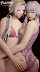 2girls 3d alternate_hairstyle areolae ass ass_grab back back_view bangs bra breasts edelgard_von_hresvelg female female_only fire_emblem fire_emblem:_three_houses fire_emblem_warriors:_three_hopes foulveins grey_hair groping hand_on_ass lingerie long_hair looking_at_viewer looking_back lysithea_von_ordelia multiple_girls nintendo official_alternate_hairstyle panties pink_eyes pink_panties ponytail purple_eyes small_breasts smile white_hair yuri