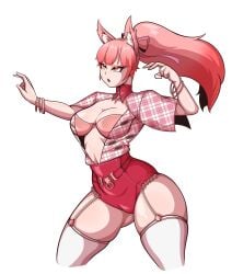 bangle bbumbbum bra fox fox_ears garter_straps necklace open_shirt pink_hair plaid_shirt ribbon yellow_eyes