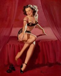 1940s 1947 1girls 20th_century 40s bed black_hair blush bra breasts brown_&_bigelow cleavage female female_only gil_elvgren high_heels lingerie lipstick looking_at_viewer nail_polish nipple_bulge painting_(artwork) panties pinup pinup_girl sitting smile solo stockings straight_hair traditional_media_(artwork) vintage