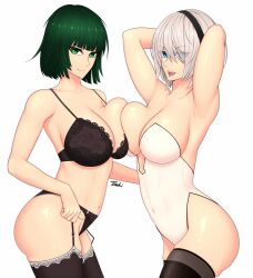 2girls arms arms_behind_head arms_up ass belly belly_button big_ass big_breasts big_butt black_lingerie blue_eyes breast breast_press breast_squeeze breasts butt clothed clothing covered_nipples crossover curvaceous curvy curvy_female curvy_figure eye_contact female female_only front_view fubuki_(one-punch_man) green_eyes green_hair hips large_breasts light-skinned_female light_skin lingerie looking_at_viewer medium_hair midriff mole mole_under_mouth multiple_girls navel nier nier:_automata one-punch_man shiny_skin short_hair smile smiling smiling_at_viewer stockings thick thick_thighs thighs tight_clothing tsuki_riven voluptuous white_background white_hair wide_hips yorha_2b