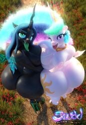 2girls 3d alicorn anthro ass big_ass big_breasts big_butt black_body bottom_heavy breasts bubble_ass bubble_butt changeling fat_ass fat_butt female female_only females females_only friendship_is_magic furry hasbro high_heels horn huge_ass huge_breasts huge_butt kissing large_ass large_breasts large_butt long_tongue looking_at_viewer looking_back my_little_pony open_mouth_kiss princess_celestia_(mlp) queen_chrysalis_(mlp) saliva saliva_string saliva_trail snuddy thick_ass thick_thighs tongue_out top_heavy white_body wide_hips yuri