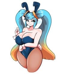 bbumbbum big_breasts blue_eyes blue_hair bunny_ears bunny_outfit heart heart-shaped_pupils league_of_legends plump riot_games sona_buvelle thick_thighs twintails two_tone_hair