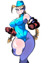 alternate_costume bbumbbum blonde_hair blue_eyes blush braided_hair cammy_white capcom choker garrison_cap gloves leotard scar street_fighter thick_thighs